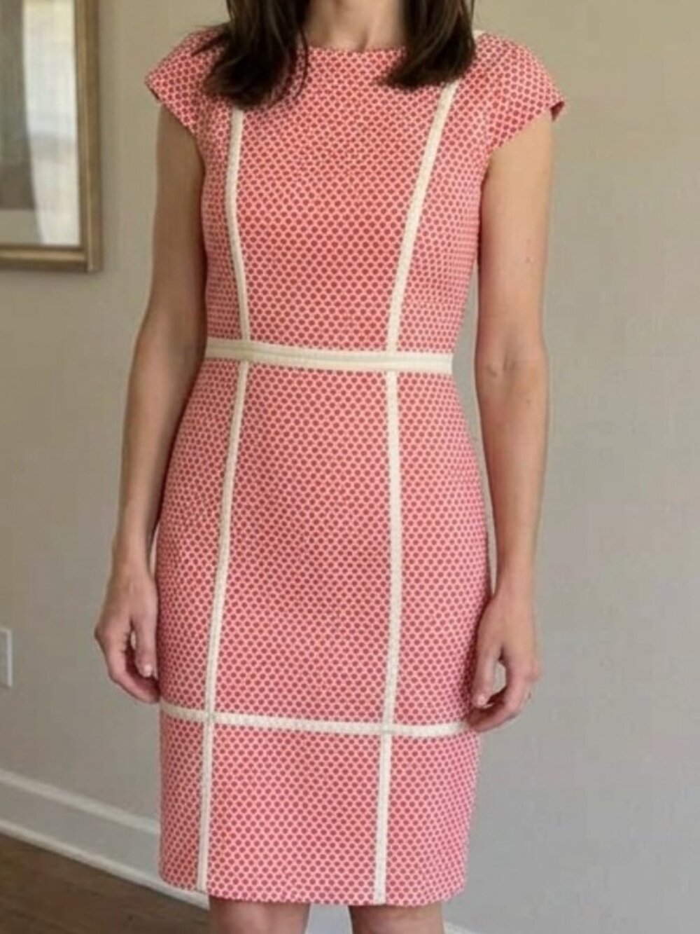Adrianna Papell Contrast Piping Geometric Sheath Dress Cayenne Coral Size 2
